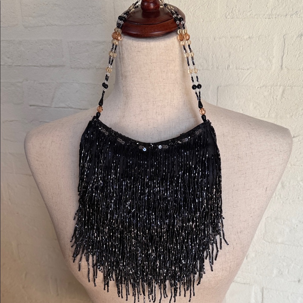 Elegant Black Beaded FringeHandbag